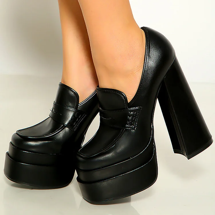 Women's Black Square Toe Shoes Vintage Chunky Heel Loafer Pumps With Platform |FSJ Shoes