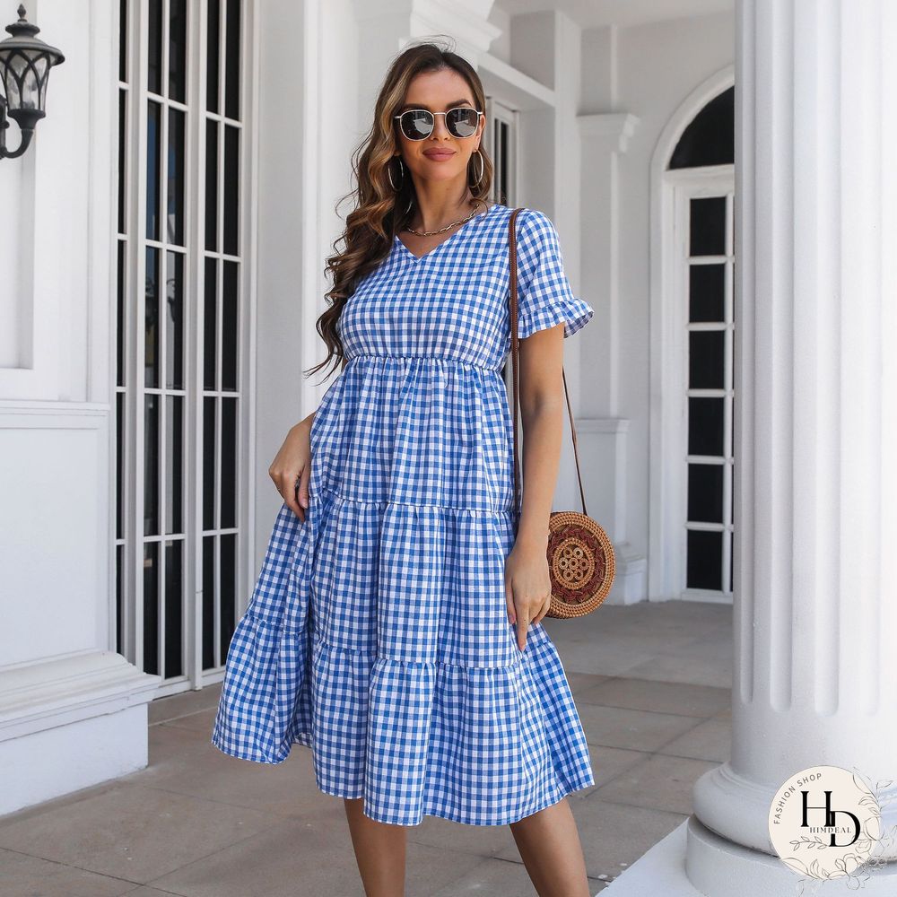 Elegant Fashion Plaid Short Sleeve Dress For Women Dresses New Ruffled V-Neck High Waist Swing A-line Midi Dress