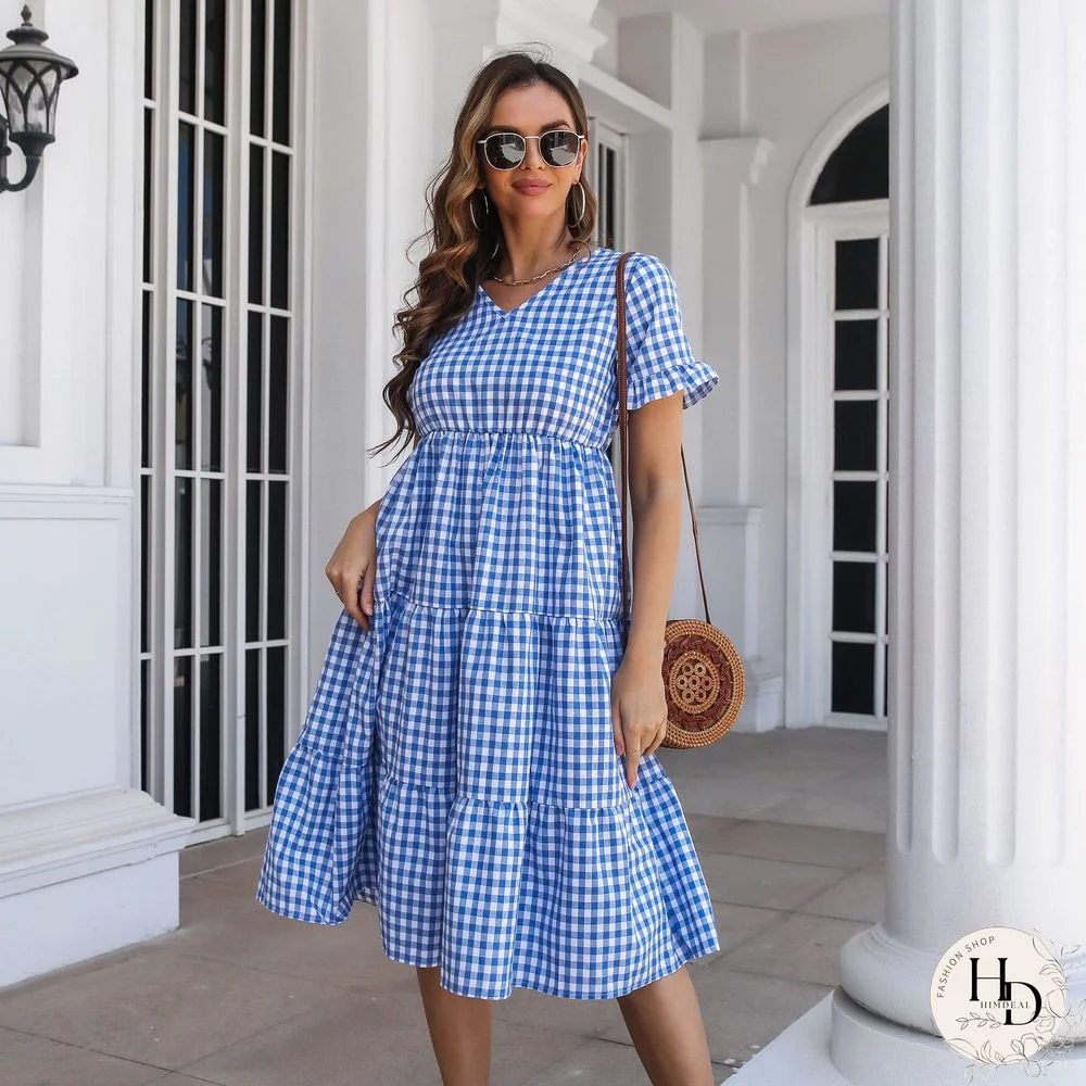 Elegant Fashion Plaid Short Sleeve Dress For Women Dresses New Ruffled V-Neck High Waist Swing A-line Midi Dress