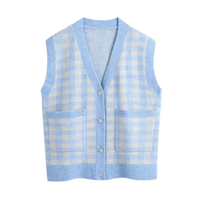 KPYTOMOA Women 2021 Fashion Oversized Check Knitted Vest Sweater Vintage V Neck Rhinestone Button Female Waistcoat Chic Tops