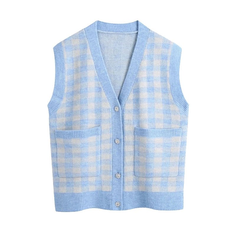 KPYTOMOA Women 2021 Fashion Oversized Check Knitted Vest Sweater Vintage V Neck Rhinestone Button Female Waistcoat Chic Tops