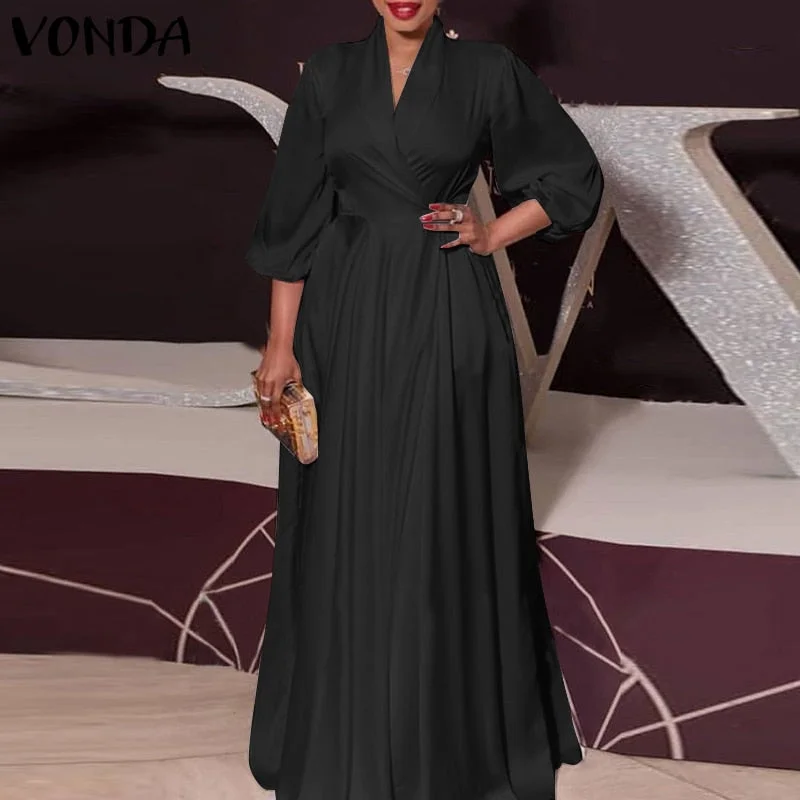Women Autumn Long Maxi Party Dress 2022 VONDA Sexy V Neck Long Sleeve Solid Dresses Bohemian Vestidos Femme Satin Slik Sundress