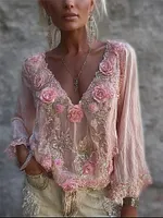 Boho Pink Roses Glitter Lace Flowy Linen Tunic