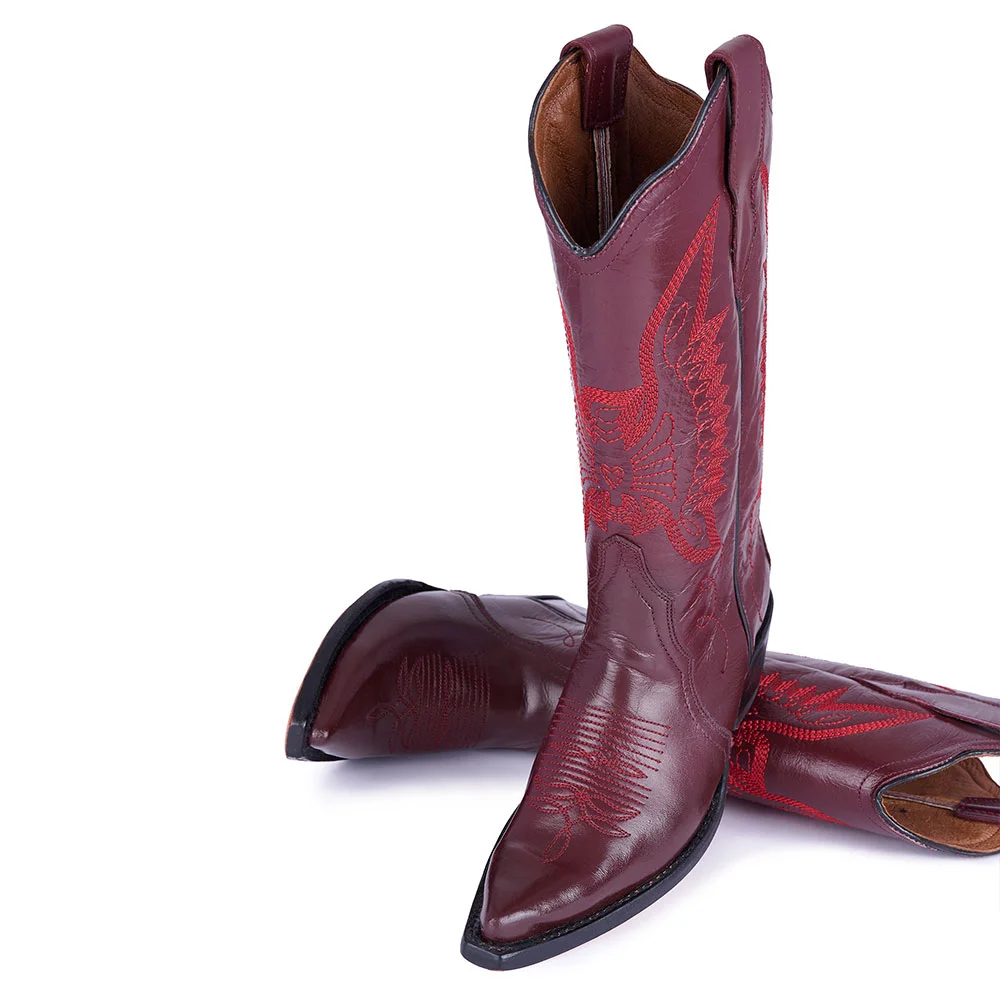 Burgundy Eagle Embroidery Chunky Heel Cowboy Boots for Women