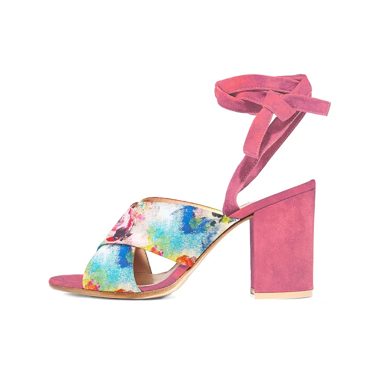 Women's Pink Splash Ink Floral Printed Chunky Heels Sandals |FSJ Shoes