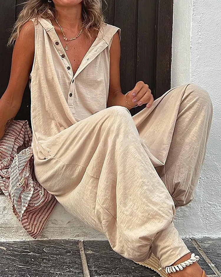 Buttoned Hooded Sleeveless Jumpsuit