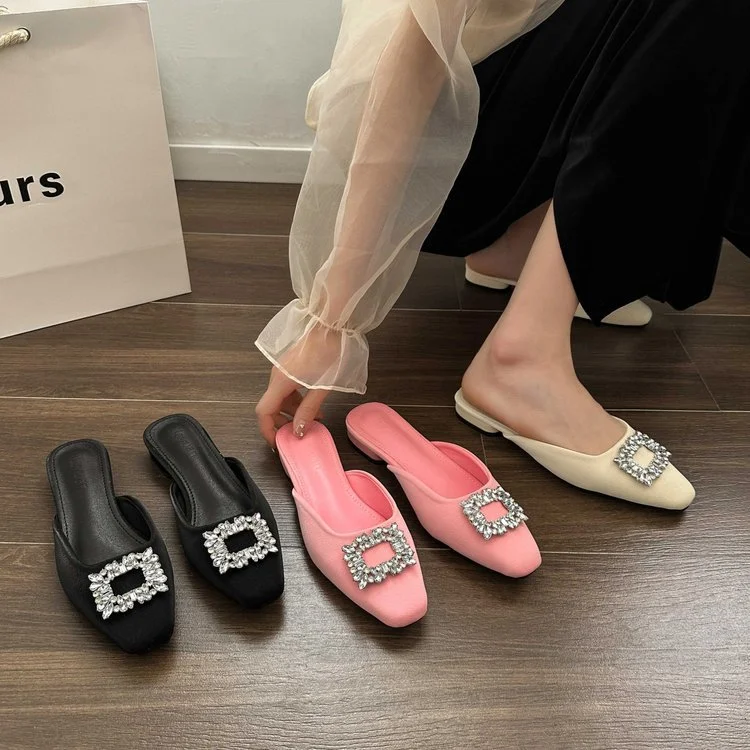 Wongn Wongn Half Drag Female 2024 Summer New Fashion Rhinestone Square Buckle Flat Bottom Cool Drag Flat With Slippers Women's Shoes Tide