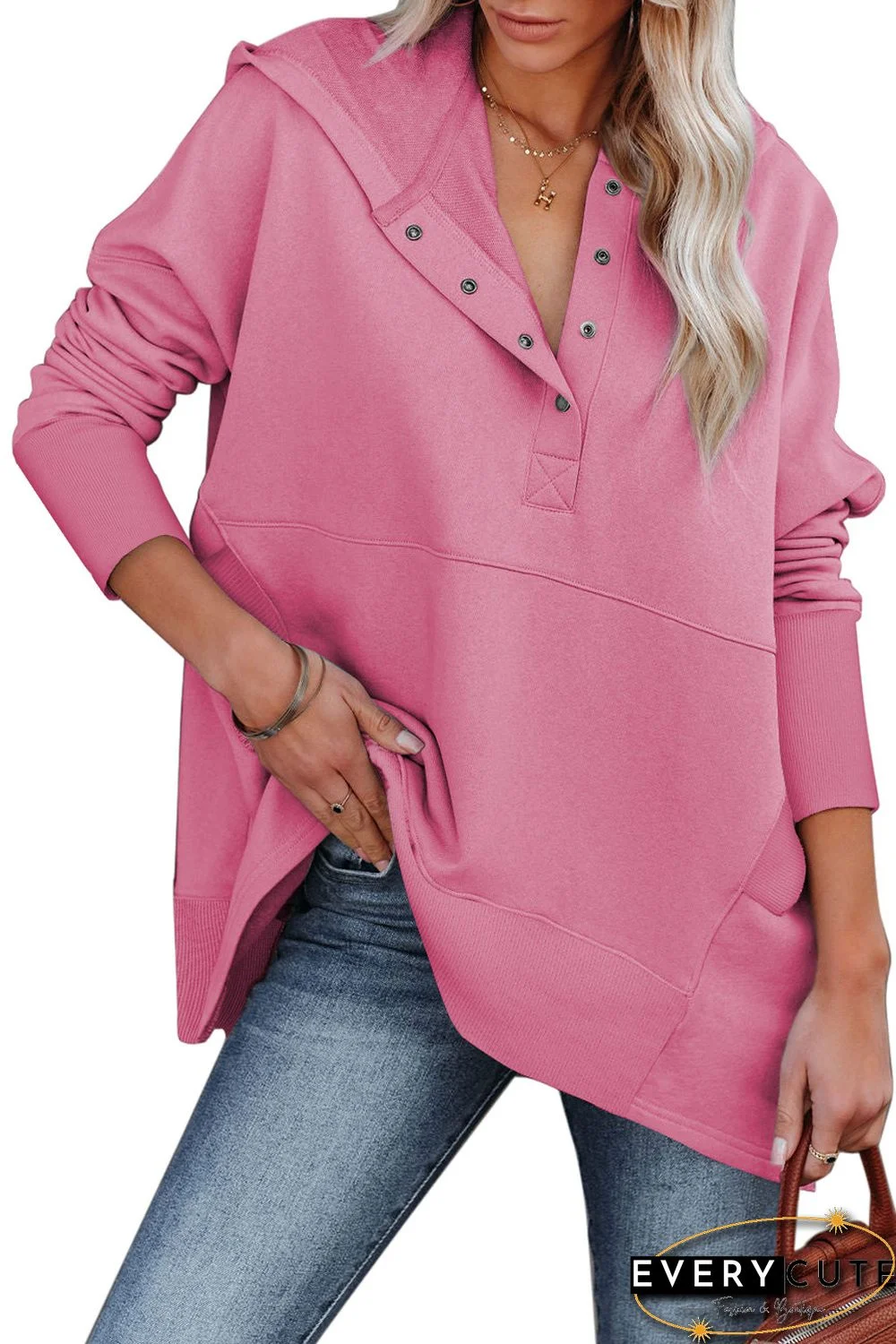 Pink Batwing Sleeve Pocketed Henley Hoodie