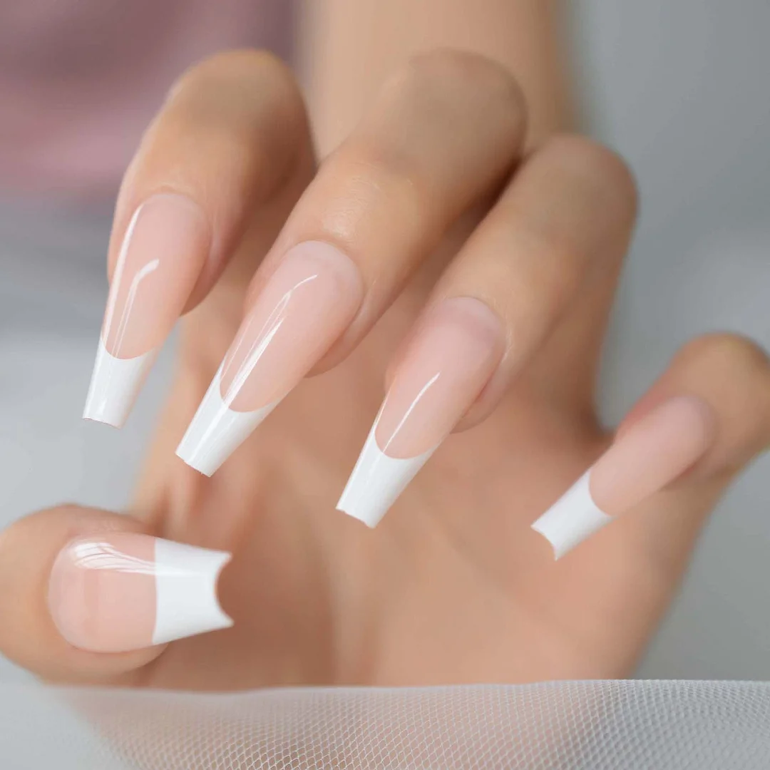 Ballerina Pink Press On Nails XL Long Coffin Fake Nails Tapered Square Head False Nails Women French Manicure