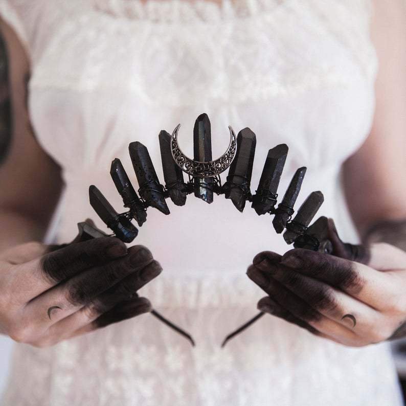 Black Quartz Crystal Moon Crown Hairband