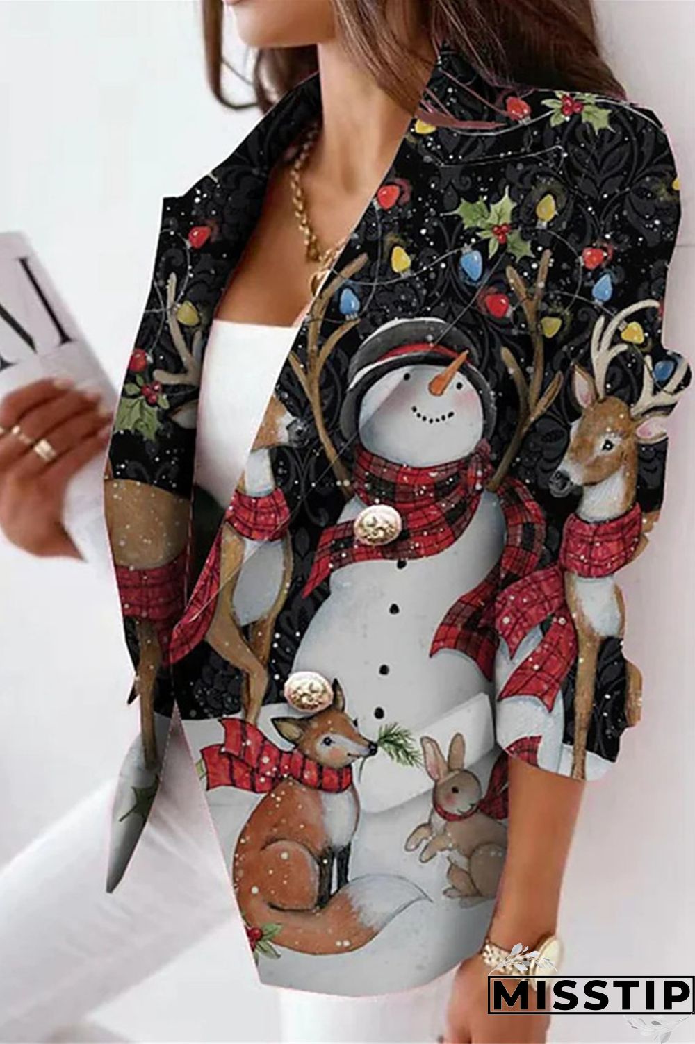 Black Red Casual Print Cardigan Turn-back Collar Outerwear