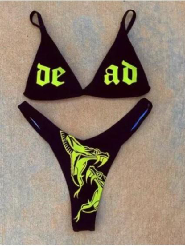 Sexy Girl Solid Color Printed Spaghetti Strap Triangle Two-piece Bikini Sets