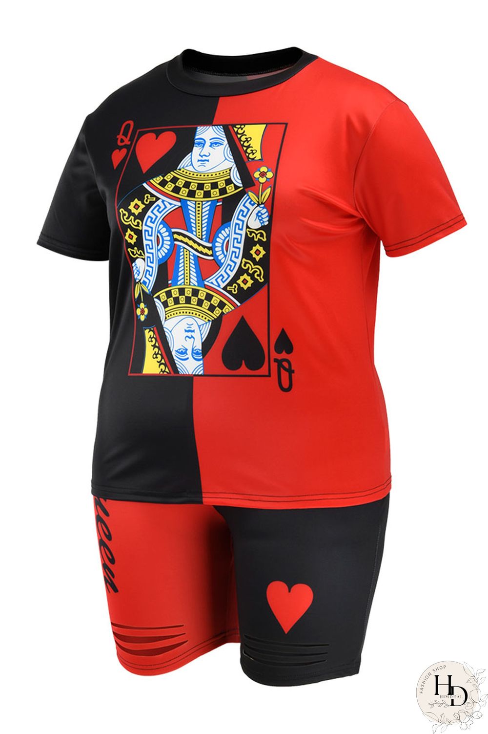 Black and red Fashion Casual Print Two Piece Suits O Neck Plus Size Two Pieces