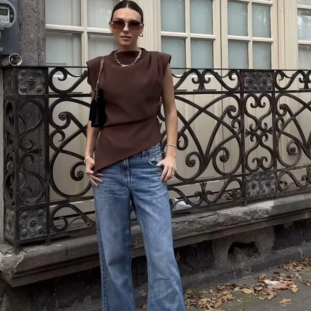 Nigikala Nigikala New Women's Fashion Asymmetric Folding Decoration Shoulderless Sleeveless Top 0085845