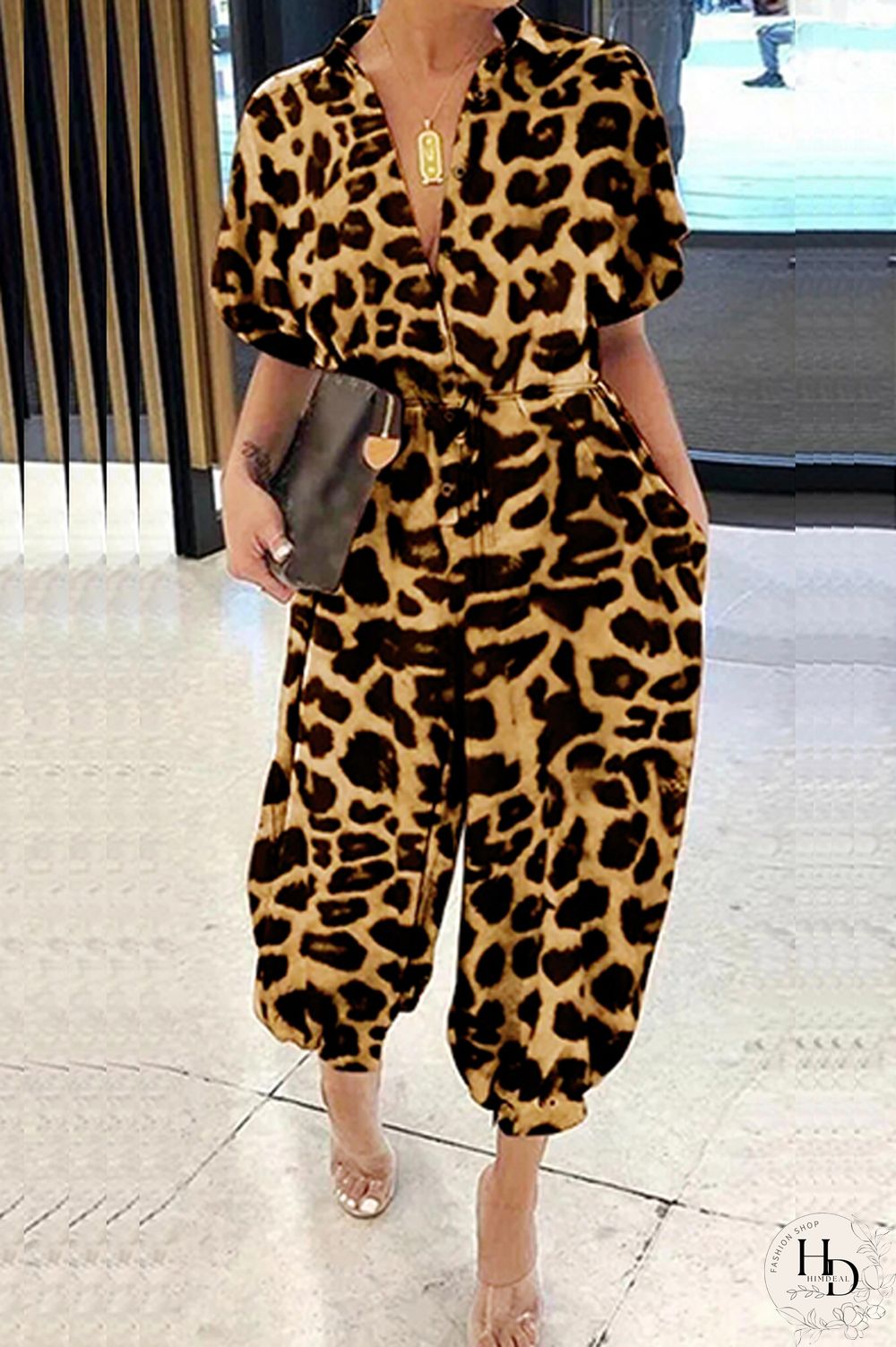 Yellow Sexy Leopard grain bandage Long Sleeve Turndown Collar Jumpsuits