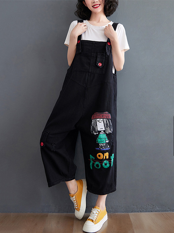 Original Cartoon Printed Puff Denim Overalls | MIXICHIC