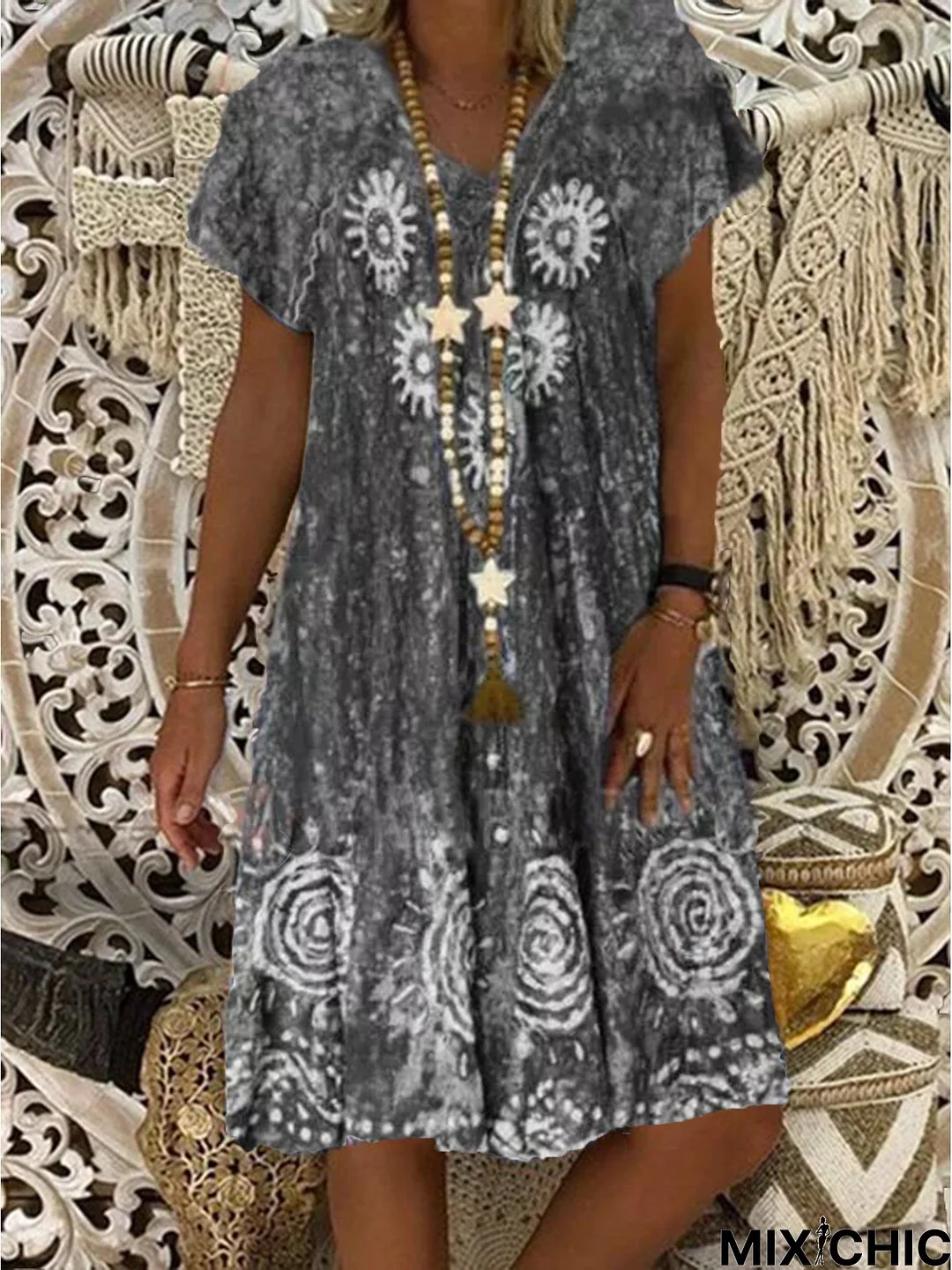 New Women Chic Plus Size Vintage Boho Hippie Holiday V Neck Cotton Short Sleeve Weaving Dress