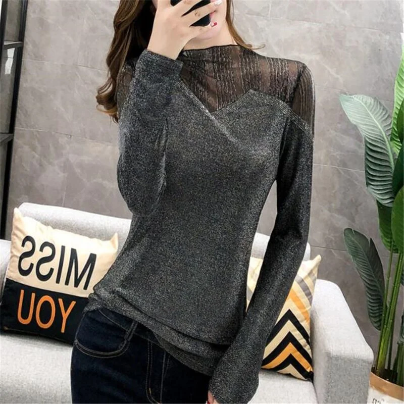 Mesh Diamond Top Women T-shirt Glossy Hollow out Female T-shirt Pullover Shiny Hot Drill Bottoming Blouses  Tshirt Women Tee