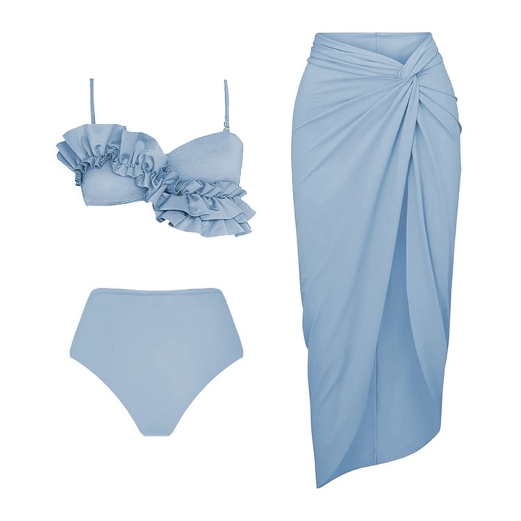 Flaxmaker Placid Blue Ruffle Bikini Swimsuit and Sarong