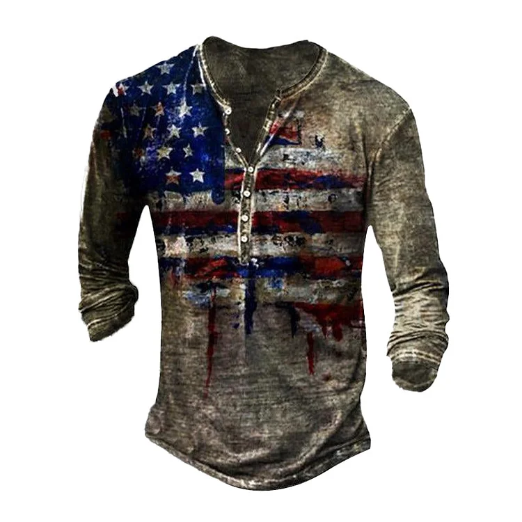 Men's Vintage Freedom Flag Print Comfortable Long Sleeve Henley Shirt