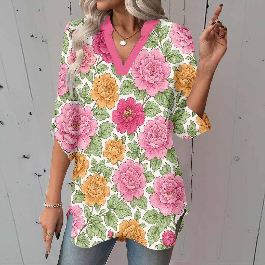 Women Floral, Green, Red DZGA0106 3/4 Sleeve V-neck Printed Graphic Button Tops