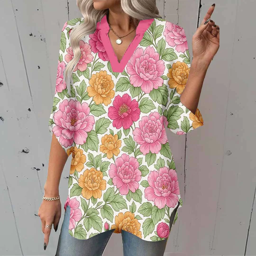 Women Floral, Green, Red DZGA0106 3/4 Sleeve V-neck Printed Graphic Button Tops