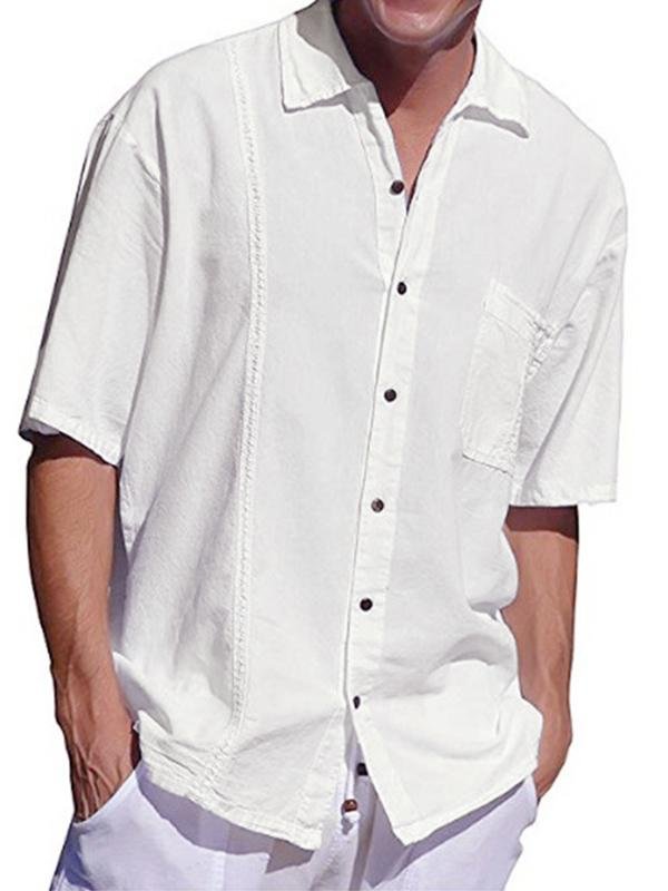 Men Tops - Men's short-sleeved button collar pocket solid color linen ...