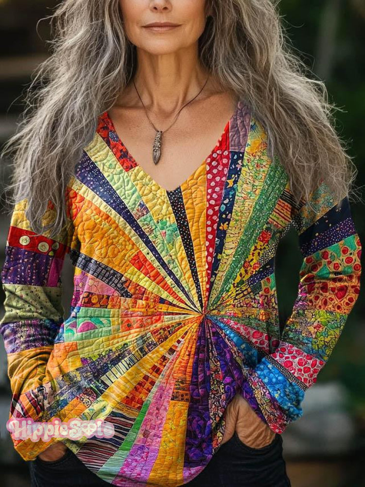 Women’s Colorful Collage Art Print Casual V-Neck Long Sleeve T-Shirt Multicolor / S