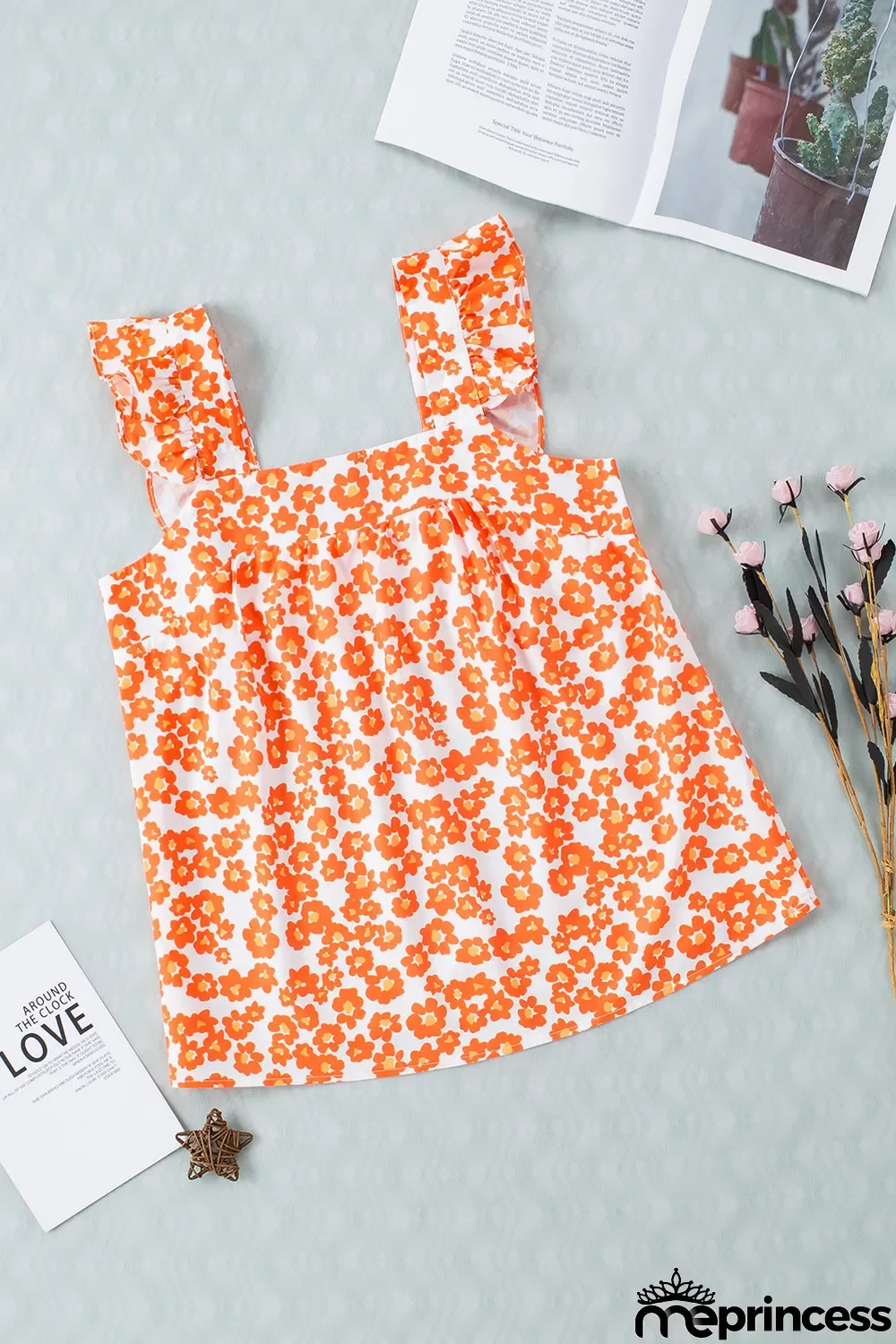 Orange Floral Print Square Neck Ruffle Tank Top