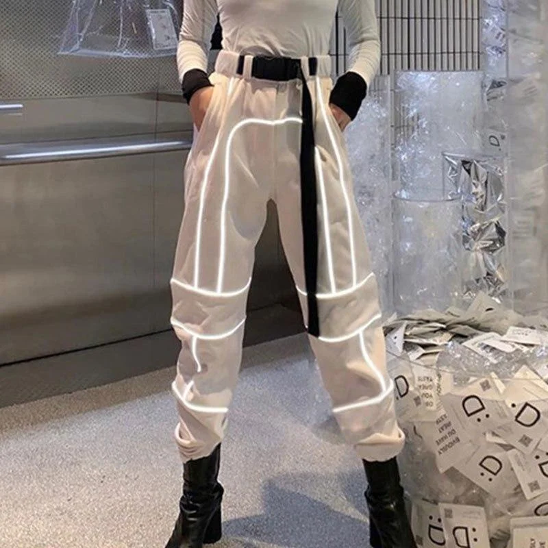 Gentillove Women Fashion Reflective Hip Hop Cargo Pants Autumn Loose Harem Pants Loose Trousers Sweatpants Joggers Streetwear 1011