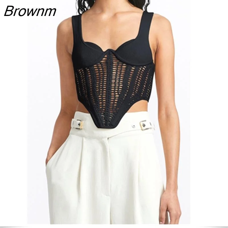 Brownm Quality Women's Knitted Camisole Tank Steel Ring Fixed Short Section Slim Backless Hollow Shirt High Street Sexy Tops
