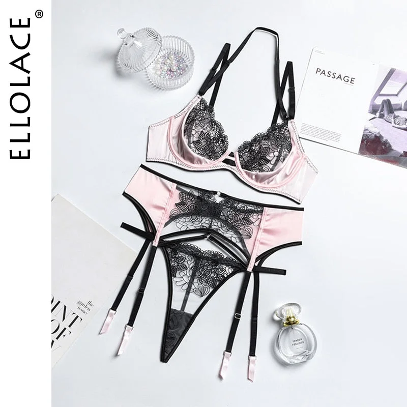 Ellolace Sensual Lingerie Lace Women's Underwear Embroidery Transparent Bra Sexy Garters Briefs Short Skin Care Kits Exotic Sets