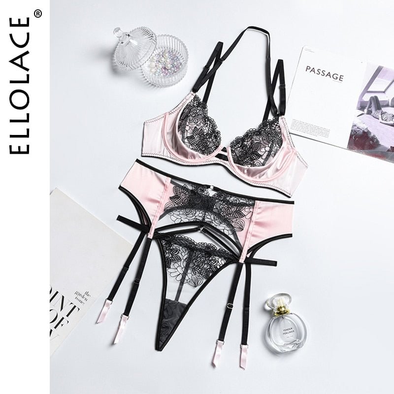 Ellolace Sensual Lingerie Lace Women's Underwear Embroidery Transparent Bra Sexy Garters Briefs Short Skin Care Kits Exotic Sets