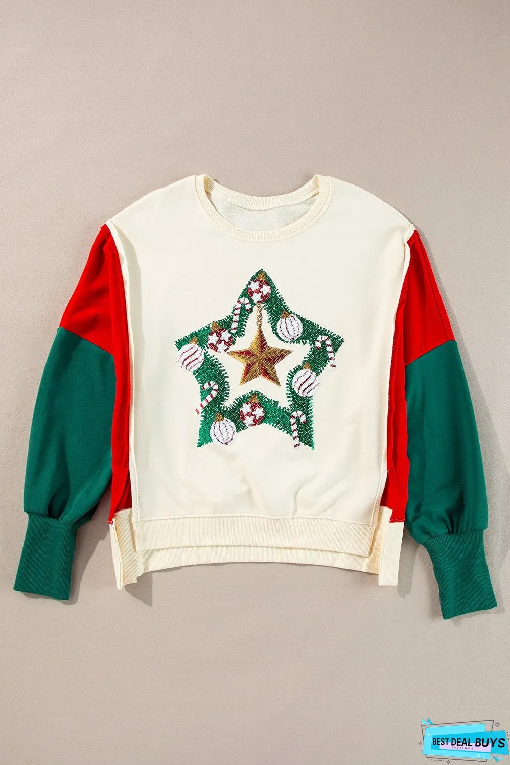Color Block Star Side Slit Lantern Sleeve Sweatshirt