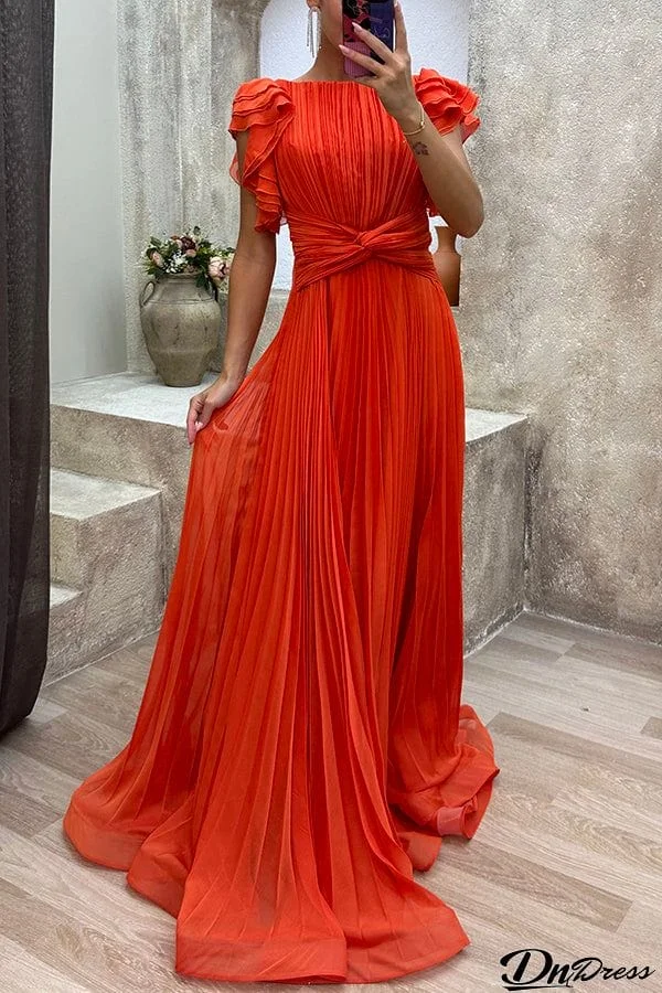 Fashion Elegant Queen Pleated Ruffle Sleeve Cross Waist Maxi Dress