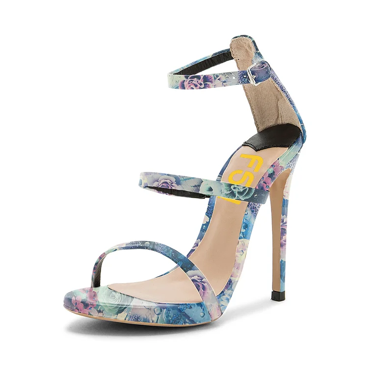 Blue Floral Heels Open Toe Ankle Strap Sandals |FSJ Shoes