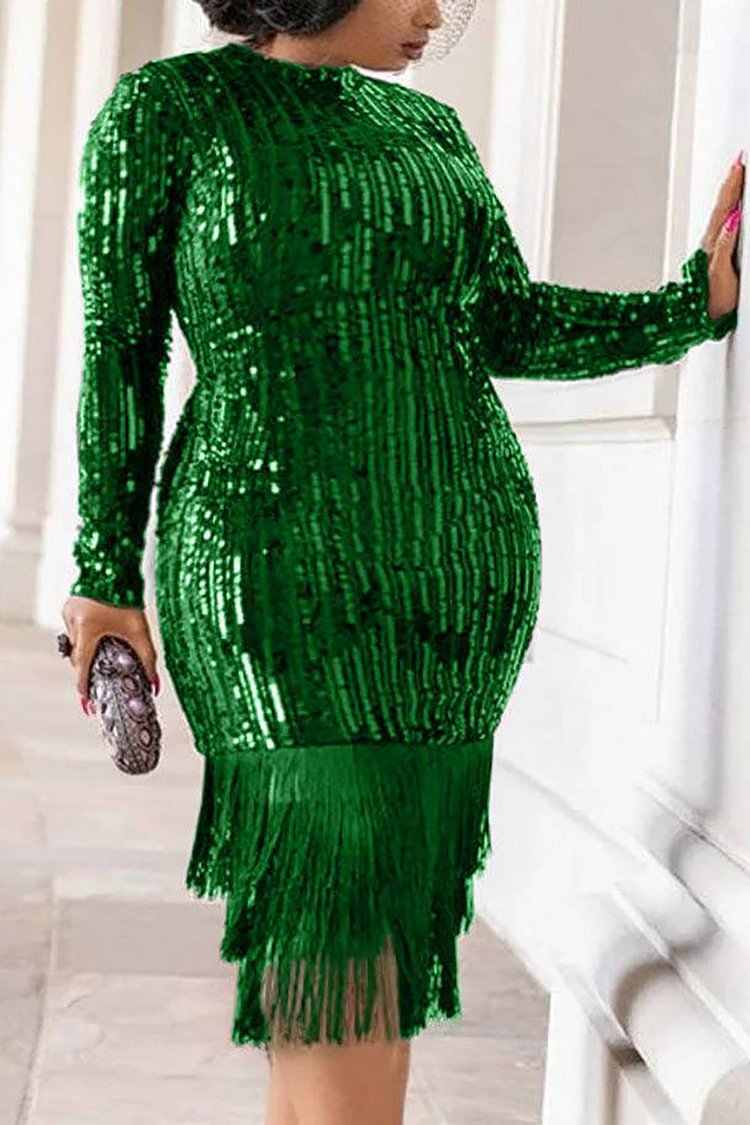 Xpluswear Plus Size Sequin Fringe Long Sleeve Green Midi Dress