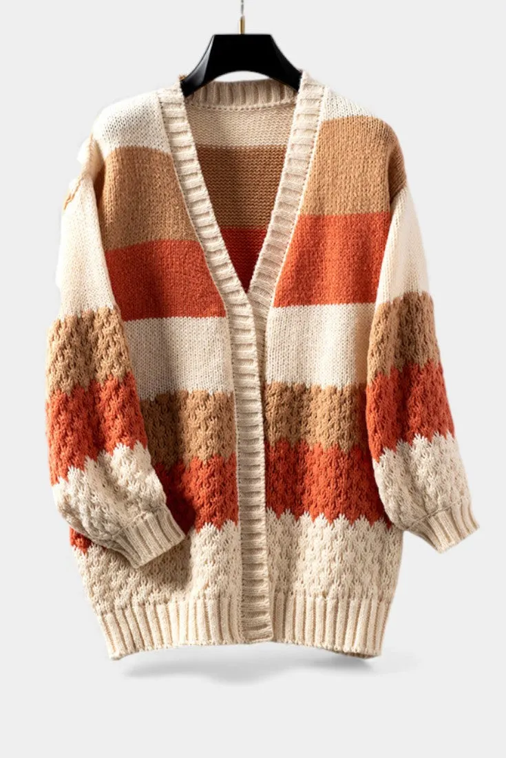 Oversized V-Neck Striped Knit Cardigan