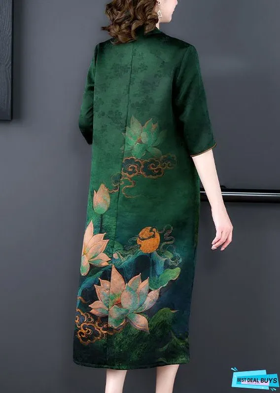 Retro Green V Neck Tasseled Print Patchwork Silk Dress Summer