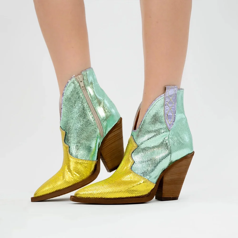 Metallic Yellow & Green Pointed Toe Block Heel Ankle Cowgirl Boots