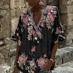 Women's Spring Floral Embroidered Art Print Flowy Linen Blend Casual Tops - Image 4