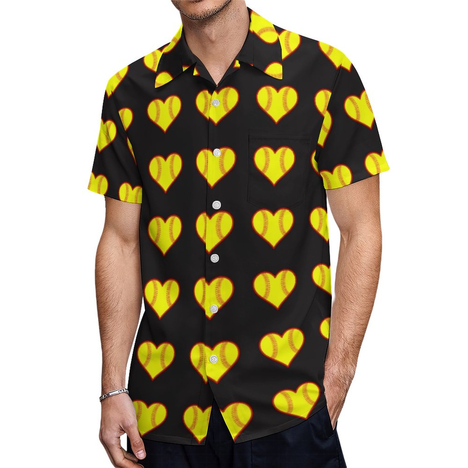 Cute Fastpitch Softball Hearts Pattern Girls Sport Hawaiian Shirt Mens Button Down Tropical Hawaii Beach Shirts
