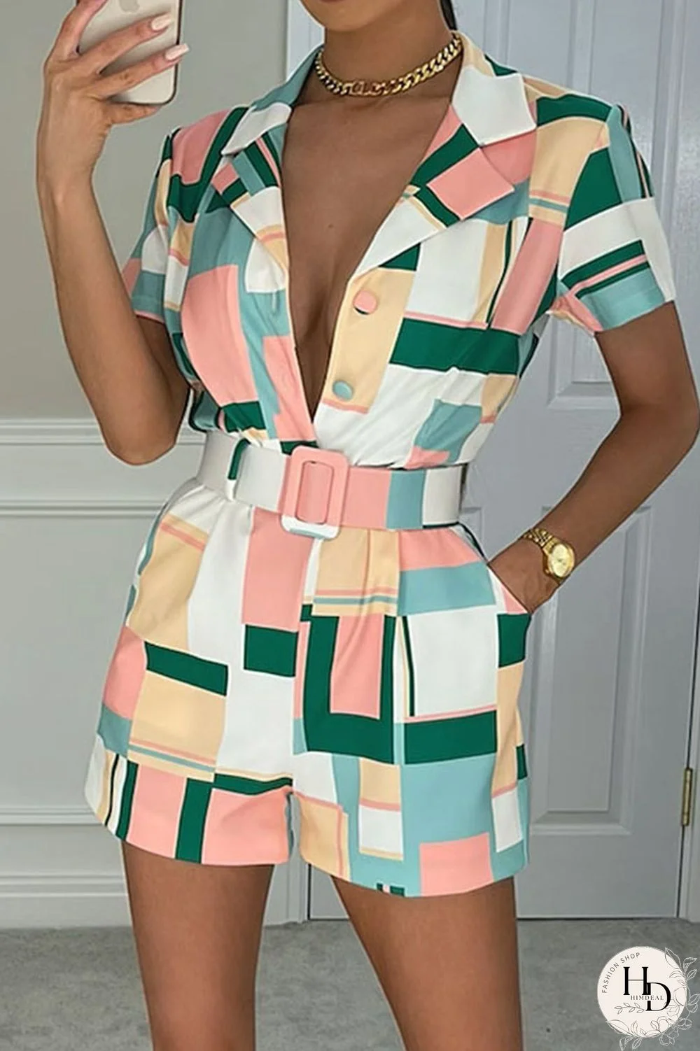 Green Casual Geometric Print Split Joint Turn-back Collar Straight Jumpsuits