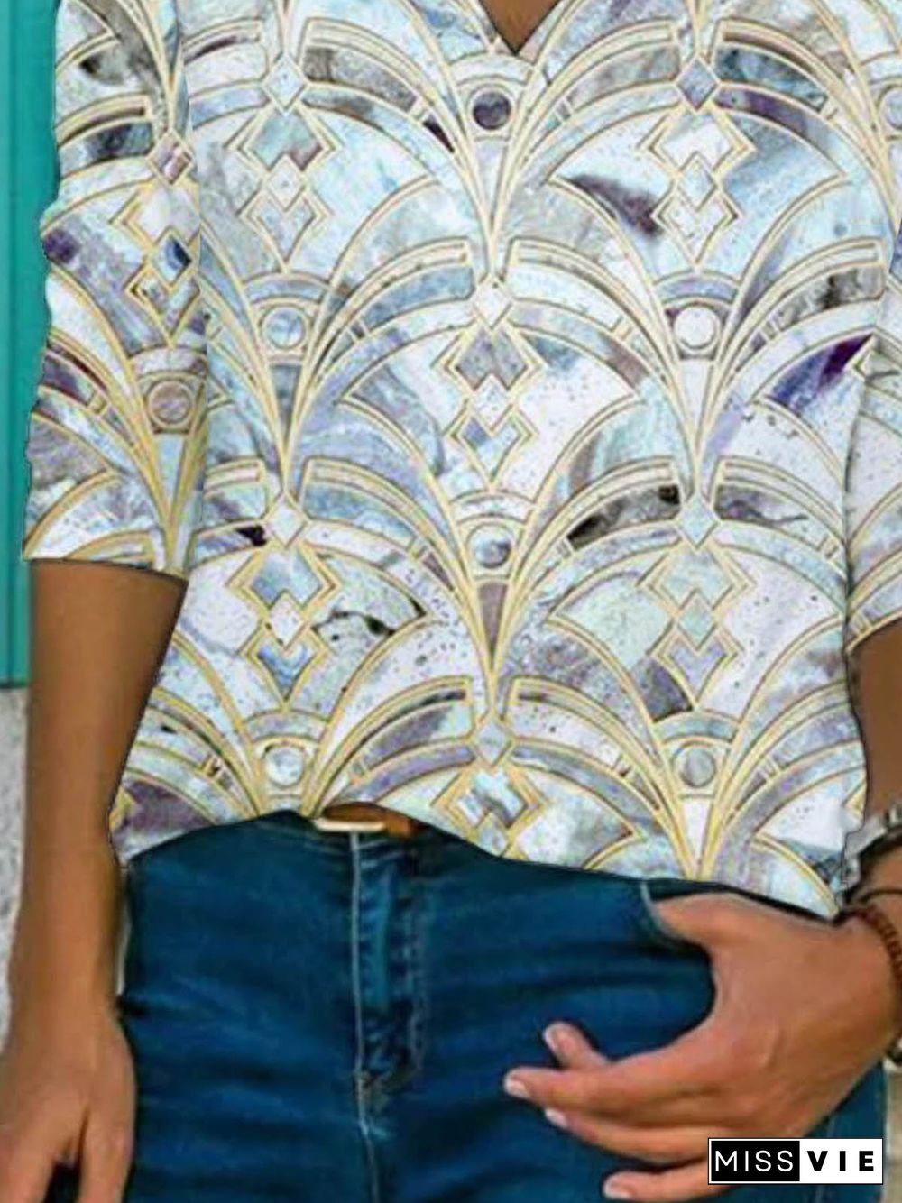 Boho Long Sleeve V Neck T-shirt