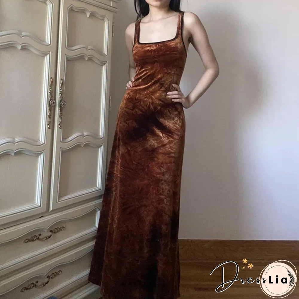 Vintage Aesthetics Womens Long Dresses Grunge Fairy Core Velvet sleeveless slip dress