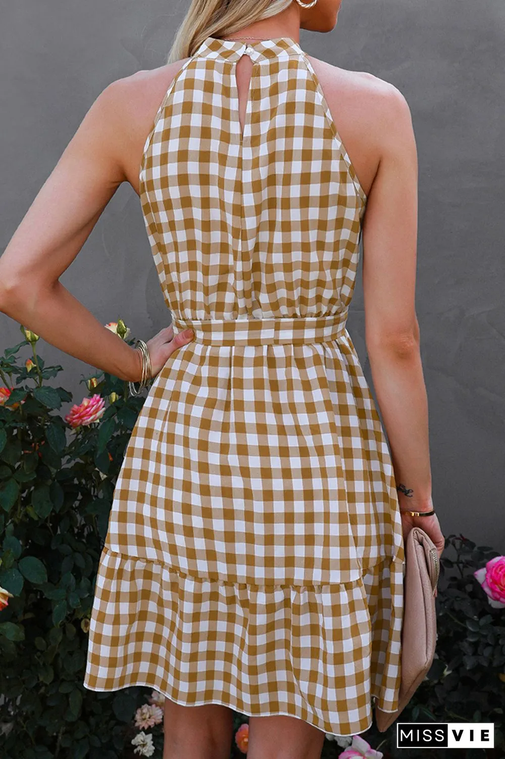Halter Sleeveless Plaid Midi Dress Wholesale