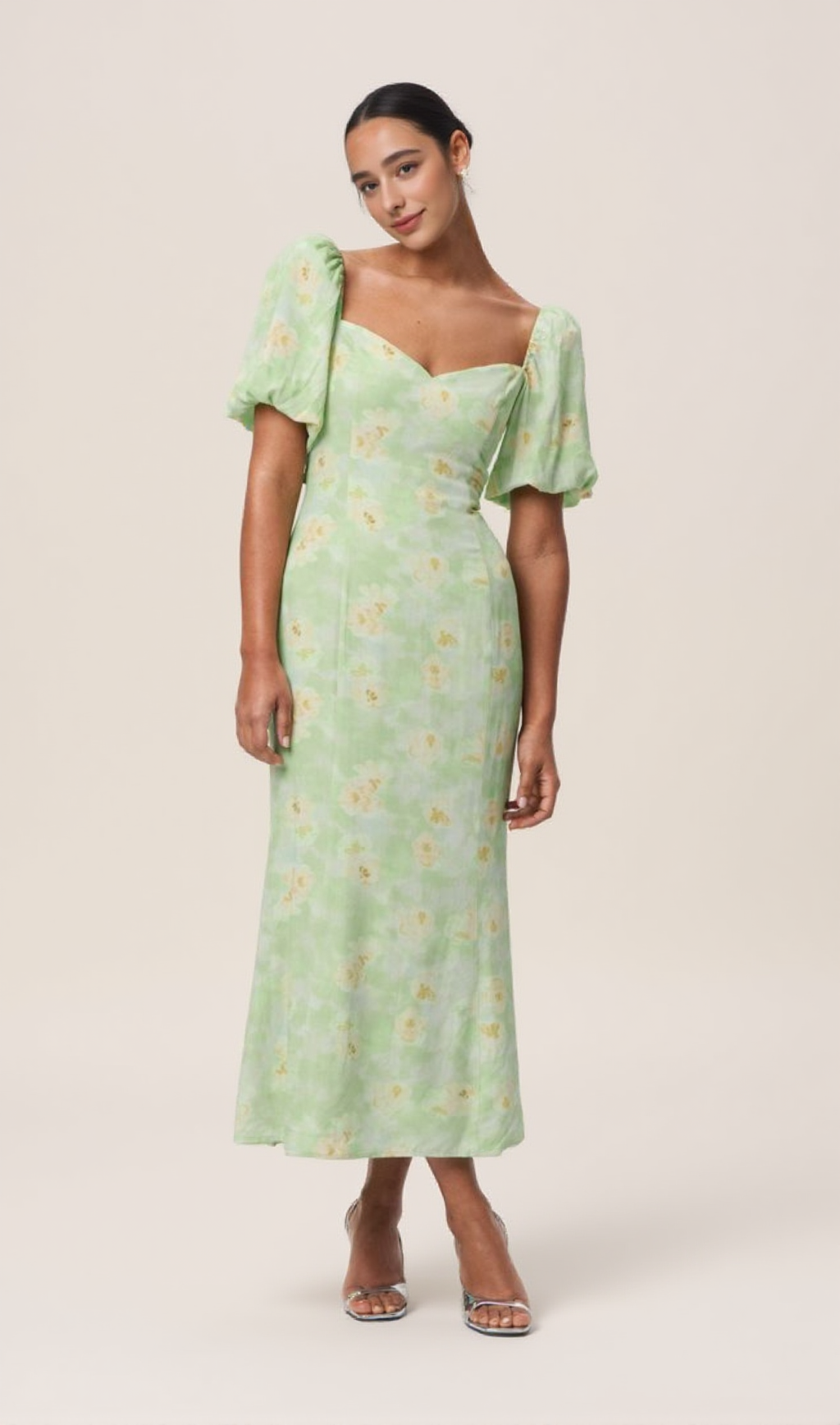 puff sleeve floral square neckline midi dress in green