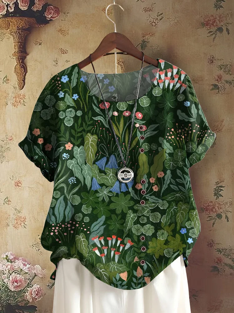 Women's Retro Forest Plant Floral Print Shirt