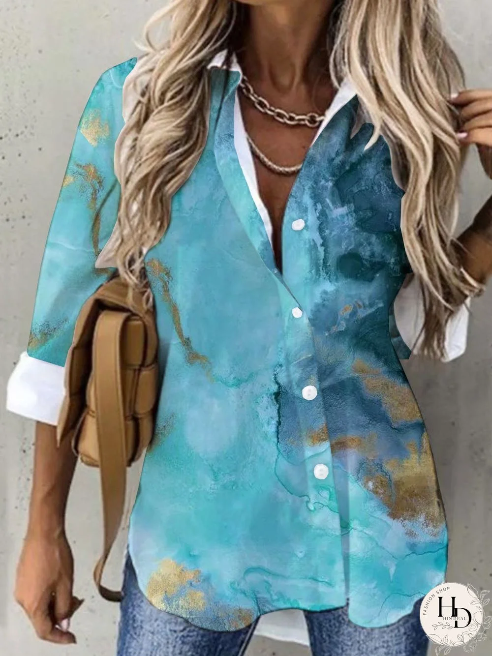 Casual Sea Long Sleeve Shirt Collar Printed Tops Blouses