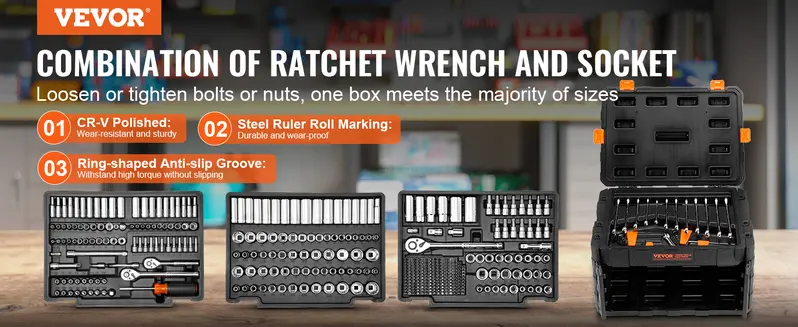 Product Introduction of VEVOR Mechanics Tool Set and Socket Set, Various specifications, with 1/4" 3/8" 1/2" Drive Deep and Standard Sockets, Max 450 Pcs SAE and Metric Tools, Portable Mechanics Kit Wrench Hardware 4